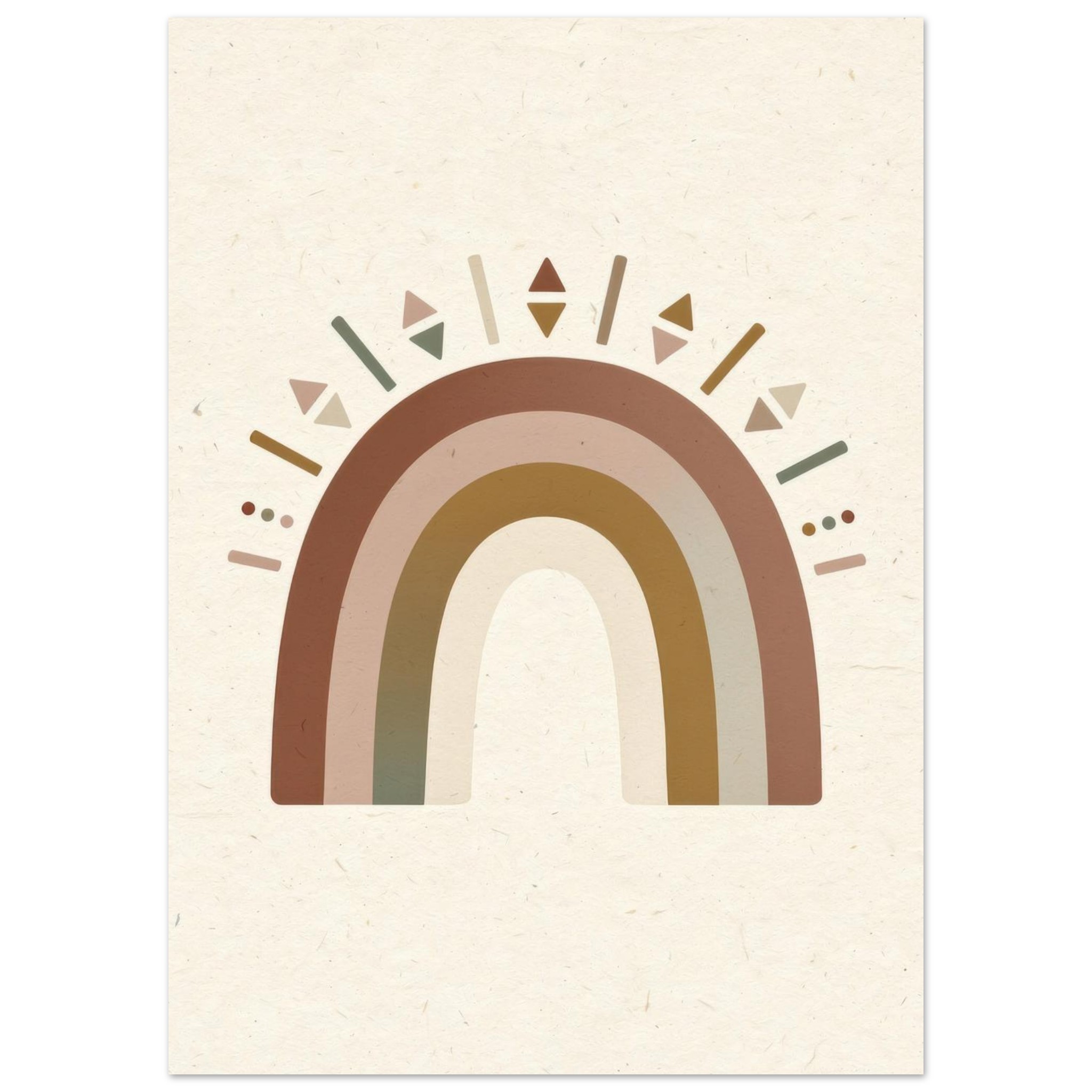 Geometric rainbow illustration in warm earth tones with decorative sun rays and triangular details above, on cream background.