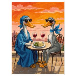Two anthropomorphic ducks wearing sunglasses sit at a small table sharing wine and cheese against a sunset backdrop over a Mediterranean-style cityscape.
