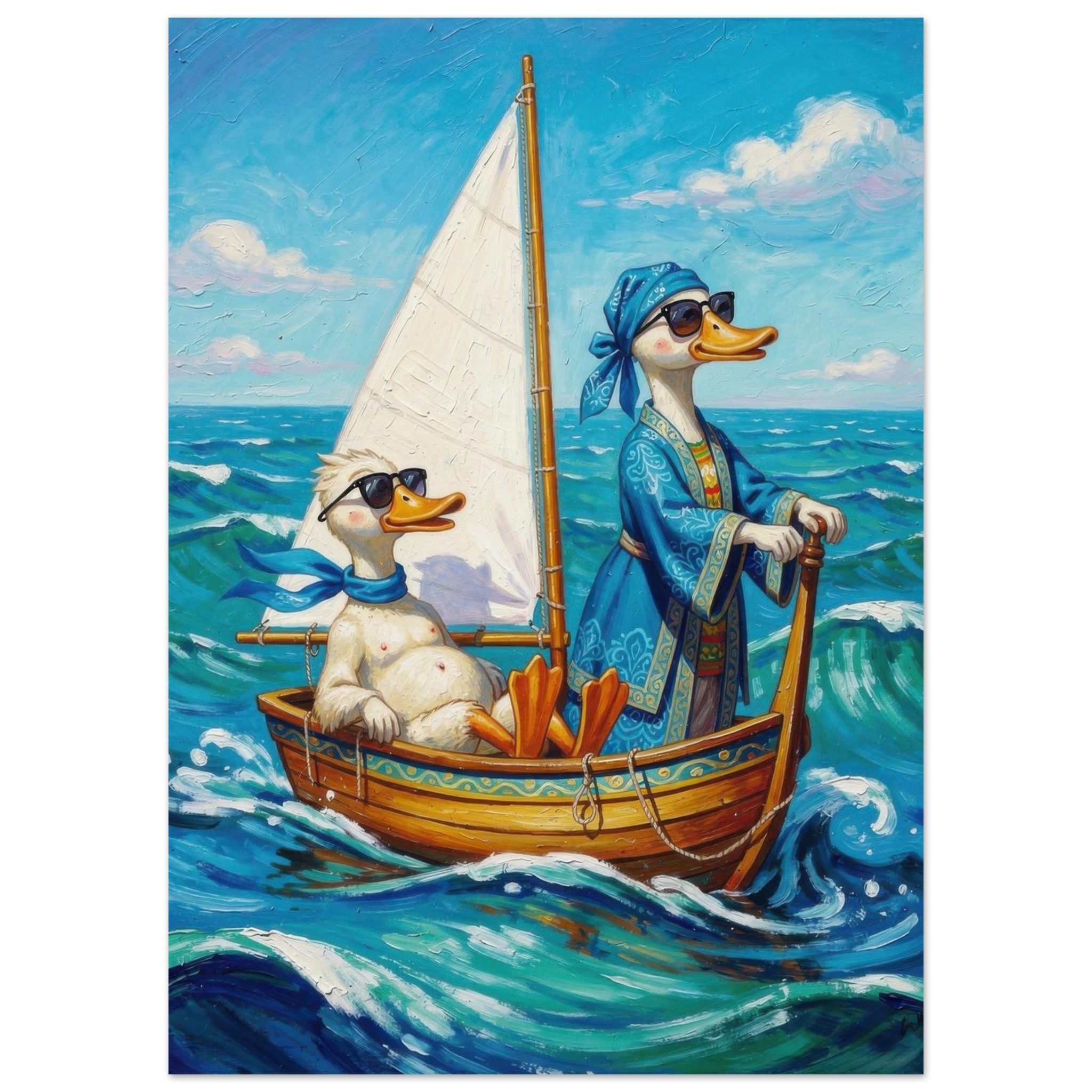 Two anthropomorphic ducks sailing in a wooden boat with white sail on blue ocean waves under a sunny sky.