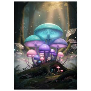 Enchanted Mushroom Forest Fantasy Wall Art - Magical Glowing Fungi Print
