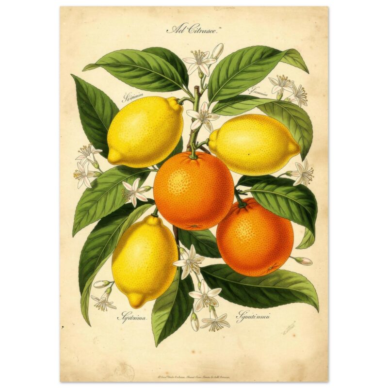 Botanical illustration of citrus fruits showing lemons and oranges with leaves and white blossoms on aged parchment background.