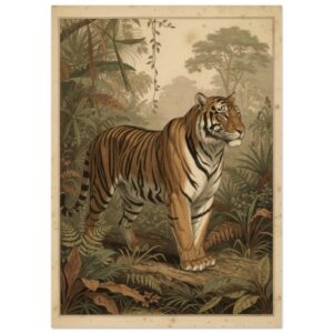 Vintage Tiger Illustration Wall Art - Antique Botanical Jungle Print