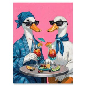 Two stylized ducks wearing sunglasses enjoy tropical cocktails at a table against a bright pink background, decorated with citrus slices and olives.