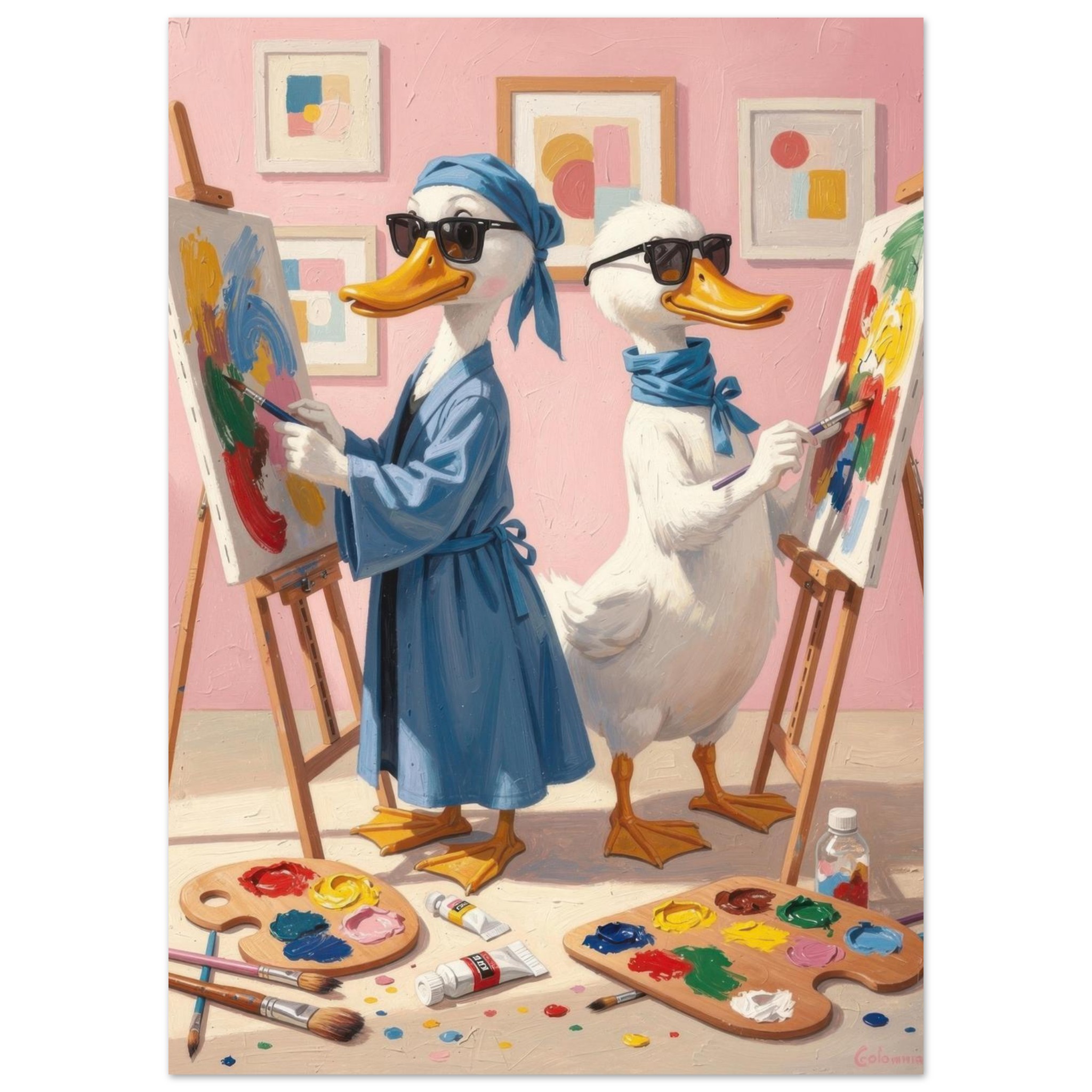 Two anthropomorphic ducks wearing sunglasses paint at easels in a bright studio with a pink wall, surrounded by art supplies and colorful palettes.