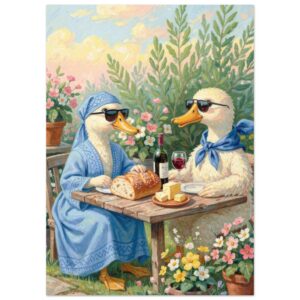 Two ducks wearing sunglasses enjoy wine and bread at a garden table surrounded by flowering plants and greenery.