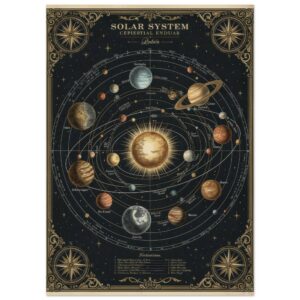 Vintage-style solar system diagram showing the Sun at center with eight planets in their orbits, decorated with ornate compass roses and astronomical annotations on a dark background.