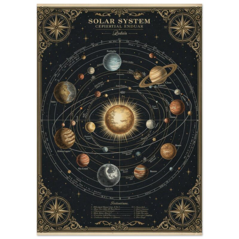 Vintage-style solar system diagram showing the Sun at center with eight planets in their orbits, decorated with ornate compass roses and astronomical annotations on a dark background.