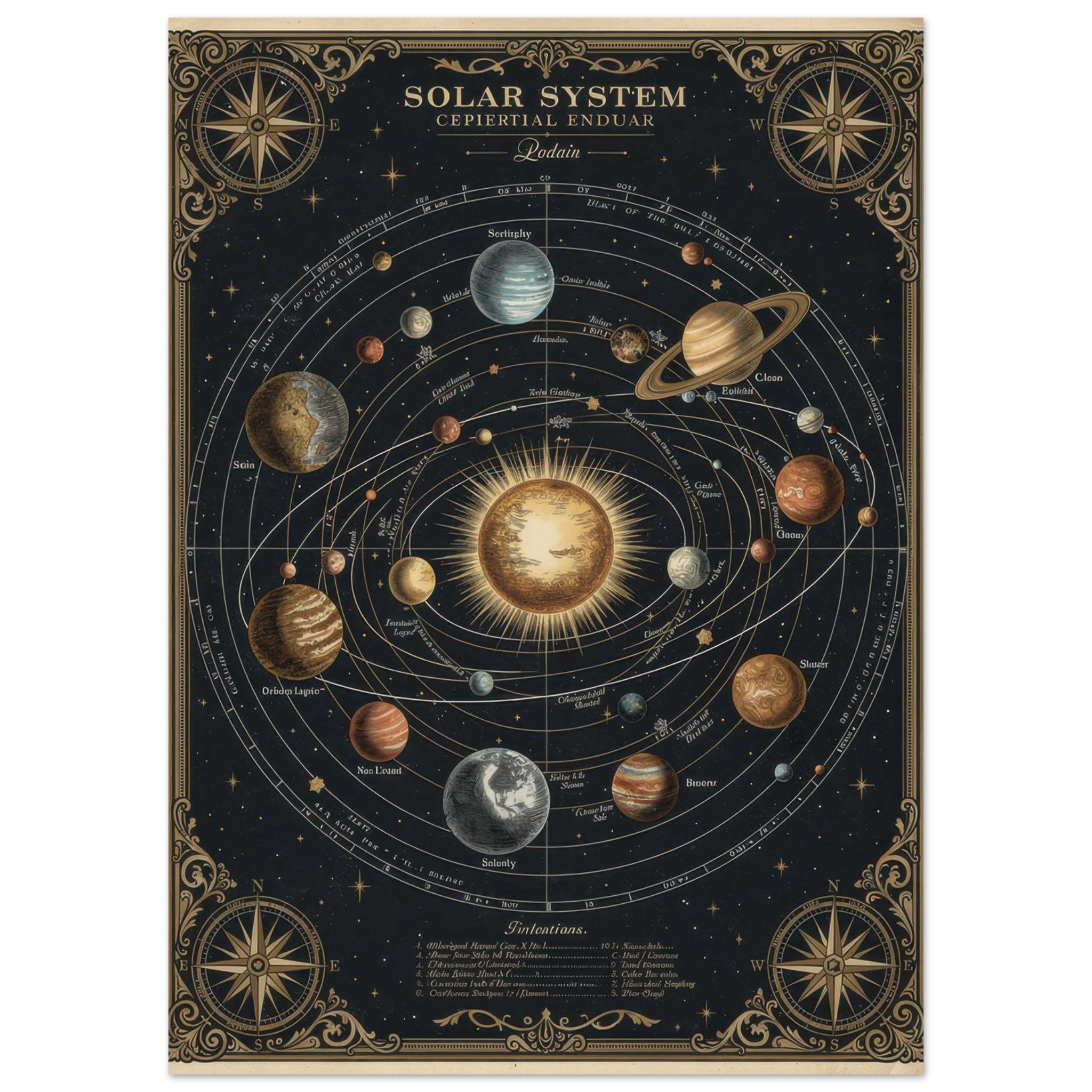 Vintage-style solar system diagram showing the Sun at center with eight planets in their orbits, decorated with ornate compass roses and astronomical annotations on a dark background.