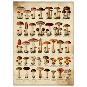 Historical botanical illustration of various mushroom species with Latin names, arranged in rows on aged parchment, page 150.