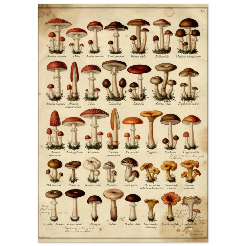Historical botanical illustration of various mushroom species with Latin names, arranged in rows on aged parchment, page 150.