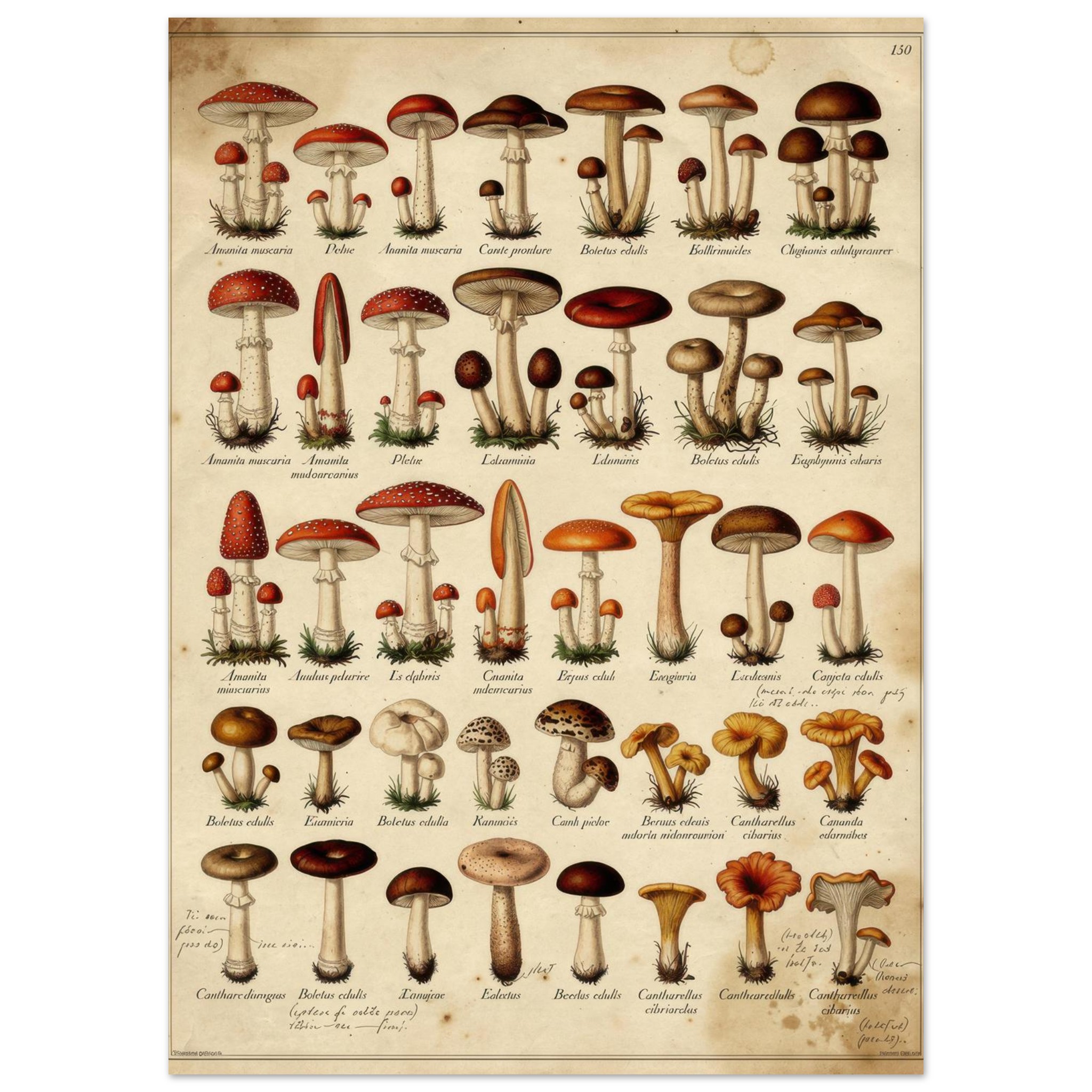 Historical botanical illustration of various mushroom species with Latin names, arranged in rows on aged parchment, page 150.