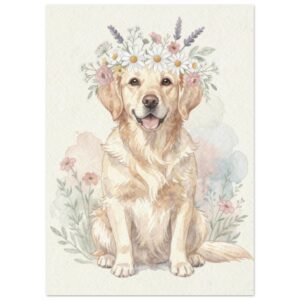 Golden Retriever Flower Crown Watercolor Wall Art Print | Dog Lover Nursery Decor