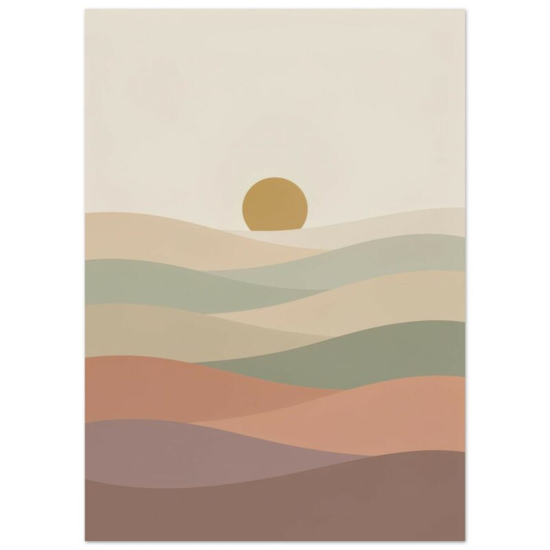 Abstract minimalist landscape with layered rolling hills in earth tones and a golden sun on the horizon against a cream sky.