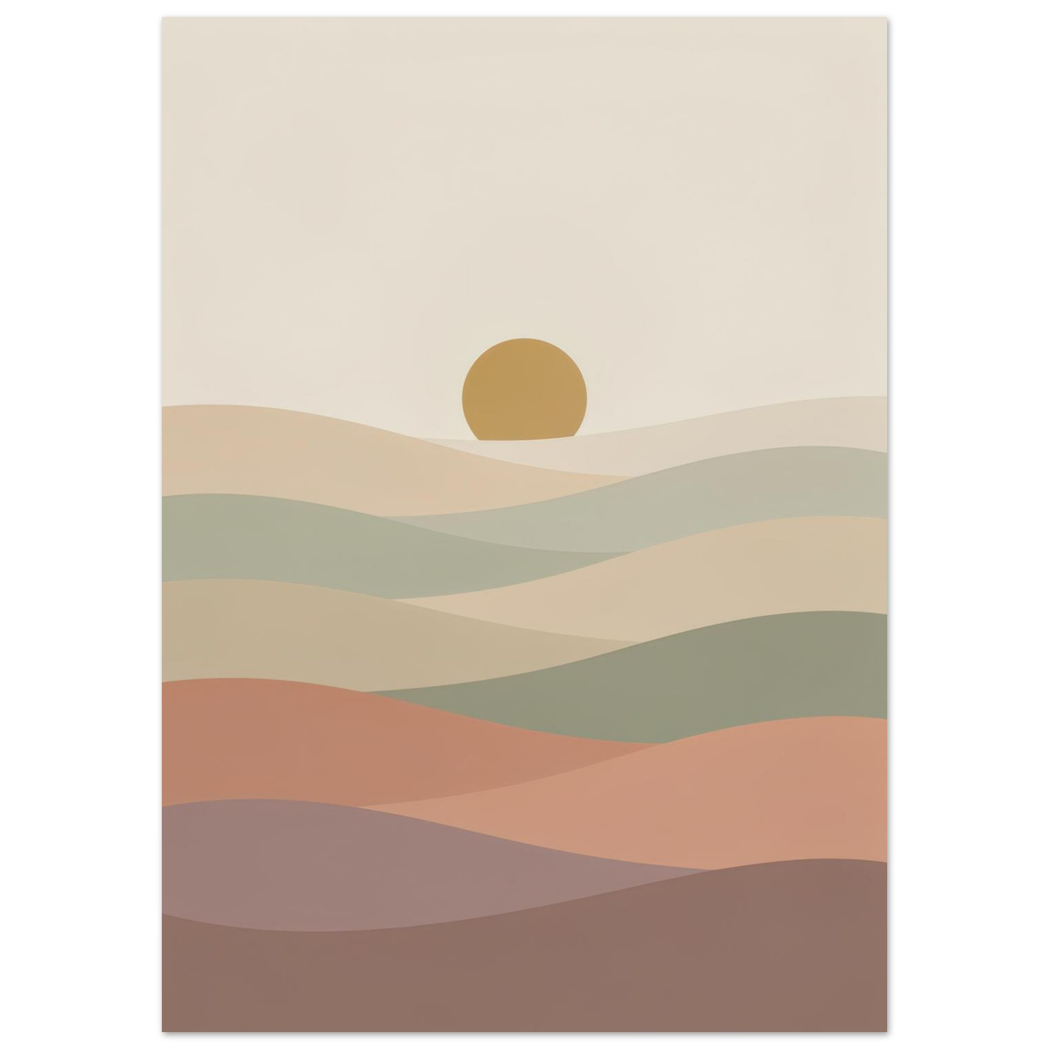 Abstract minimalist landscape with layered rolling hills in earth tones and a golden sun on the horizon against a cream sky.