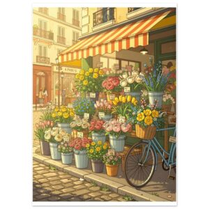 Paris Flower Shop Illustration Wall Art - Vintage French Florist Street Scene Print