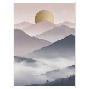 Gold Sun Mountain Landscape Wall Art - Misty Mountain Range Print - Modern Minimalist Nature Art