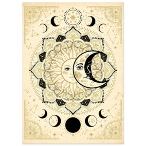 Celestial Sun and Moon Mandala Wall Art - Mystical Boho Vintage Print