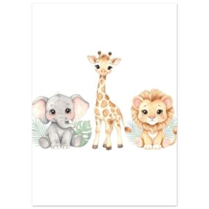 Baby Safari Animals Nursery Wall Art - Watercolor Elephant Giraffe Lion Print