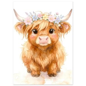 Baby Highland Cow with Flower Crown Watercolor Wall Art Print