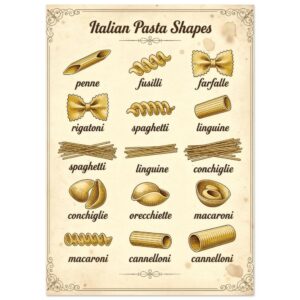 Italian Pasta Shapes Vintage Kitchen Wall Art Print - Pasta Guide Chart Poster