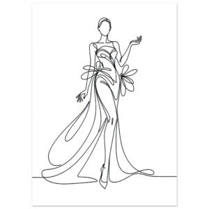 Elegant Woman in Flowing Gown One Line Art Print | Minimalist Fashion Wall Art