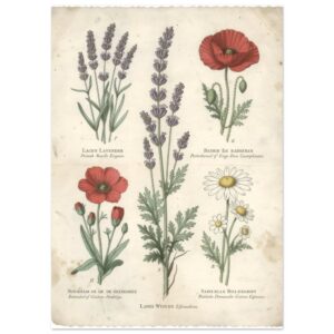 Vintage Botanical Illustration Print - Lavender Poppy Daisy Wildflower Wall Art