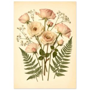 Vintage Pressed Flower Botanical Art Print - Pink Roses and Ferns Herbarium Wall Art