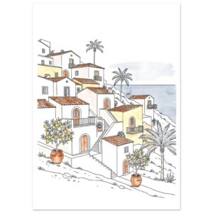 Mediterranean Coastal Village Watercolor Art Print - Italian Hillside Town Wall Decor