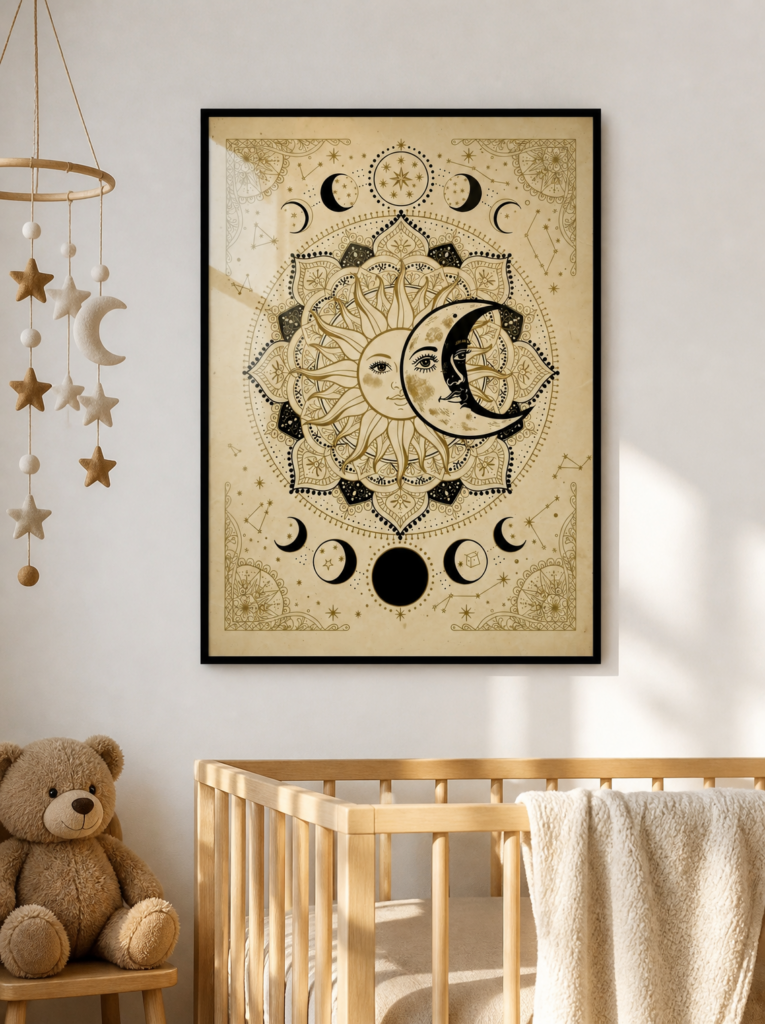 Celestial Sun and Moon Mandala Wall Art - Mystical Boho Vintage Print