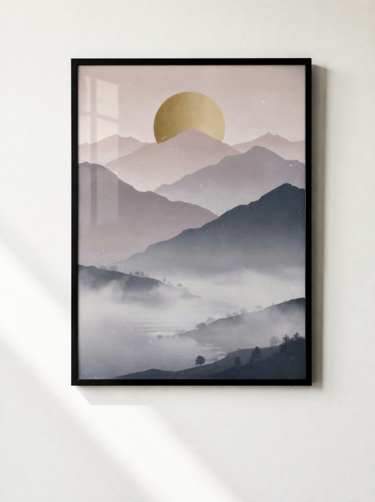 Gold Sun Mountain Landscape Wall Art - Misty Mountain Range Print - Modern Minimalist Nature Art