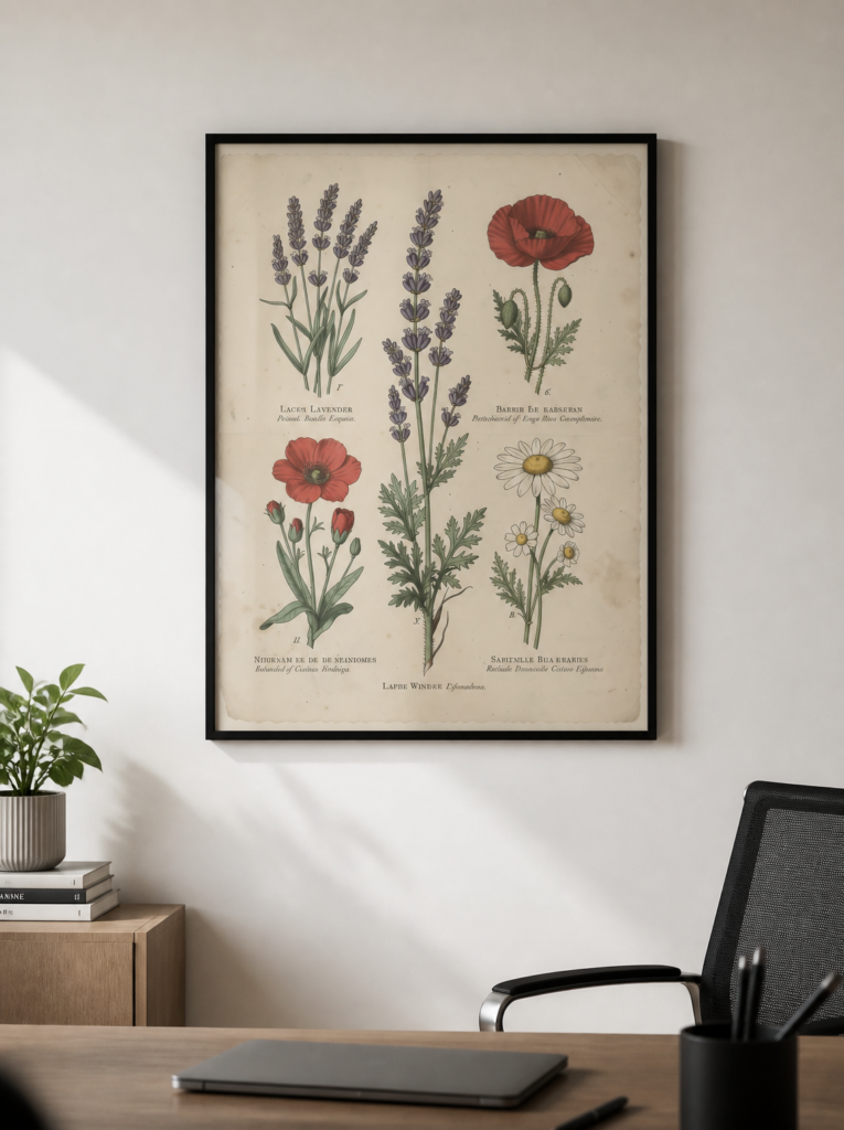 Vintage Botanical Illustration Print - Lavender Poppy Daisy Wildflower Wall Art