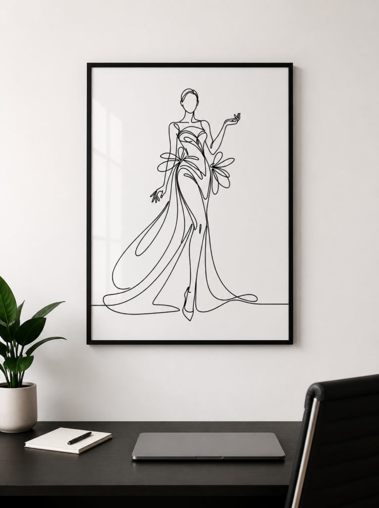 Elegant Woman in Flowing Gown One Line Art Print | Minimalist Fashion Wall Art