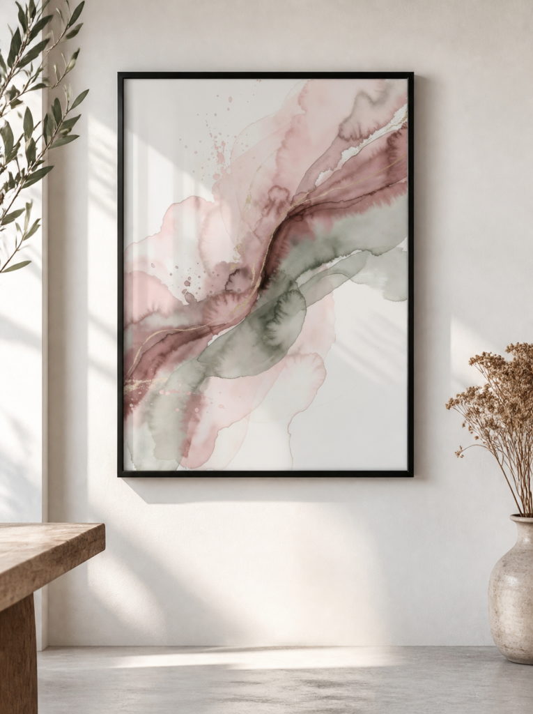 Blush Pink and Sage Green Abstract Watercolor Wall Art Print