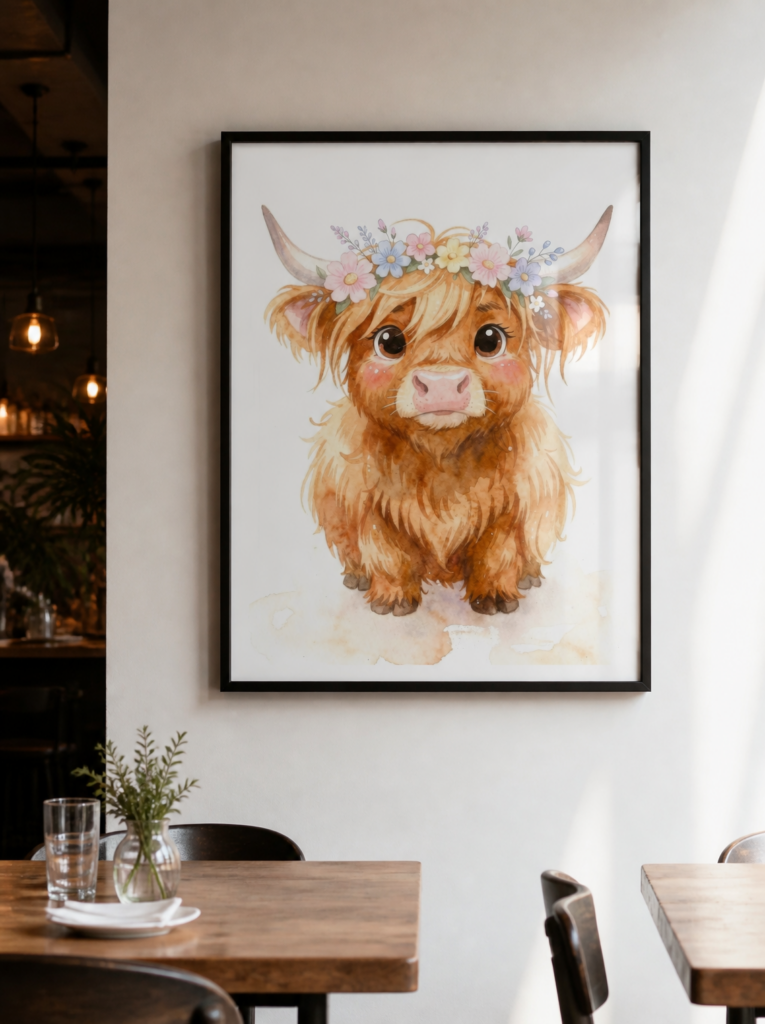 Baby Highland Cow with Flower Crown Watercolor Wall Art Print