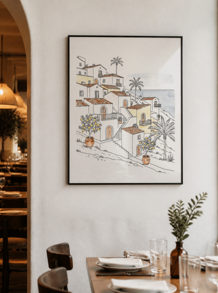 Mediterranean Coastal Village Watercolor Art Print - Italian Hillside Town Wall Decor