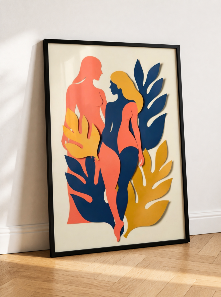 Matisse Inspired Paper Cut-Out Art Print - Female Silhouettes with Tropical Leaves Wall Art