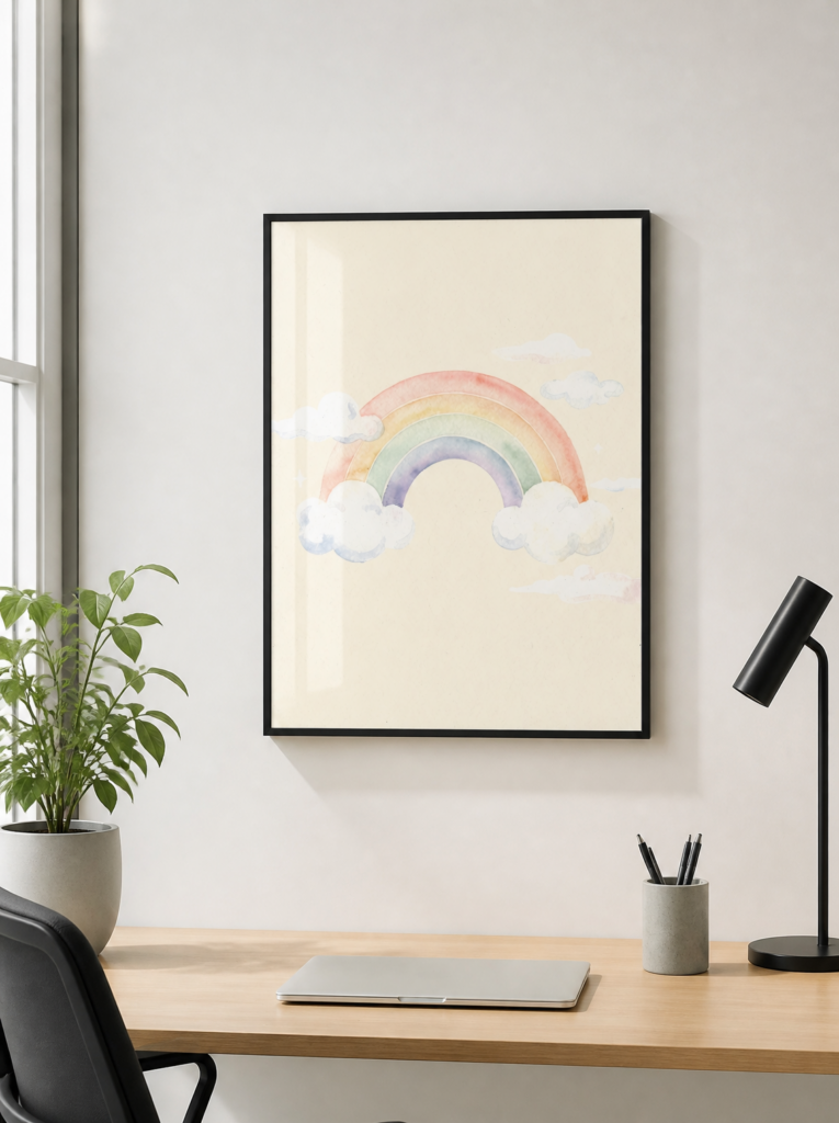 Pastel Watercolor Rainbow Nursery Wall Art Print | Soft Cloud Illustration