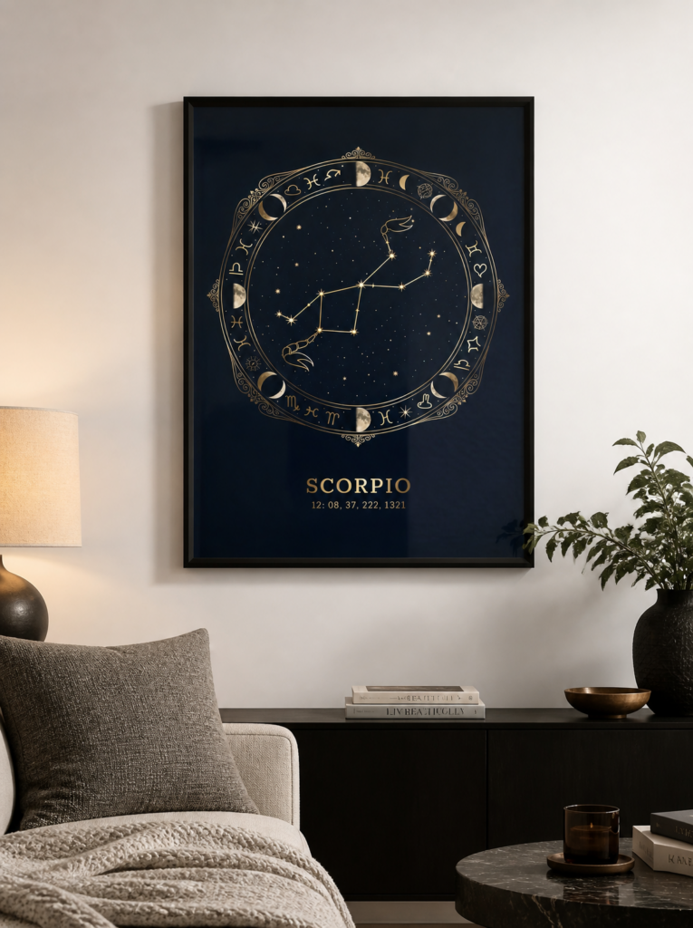 Scorpio Zodiac Constellation Wall Art Print - Celestial Gold Navy Astrology Poster