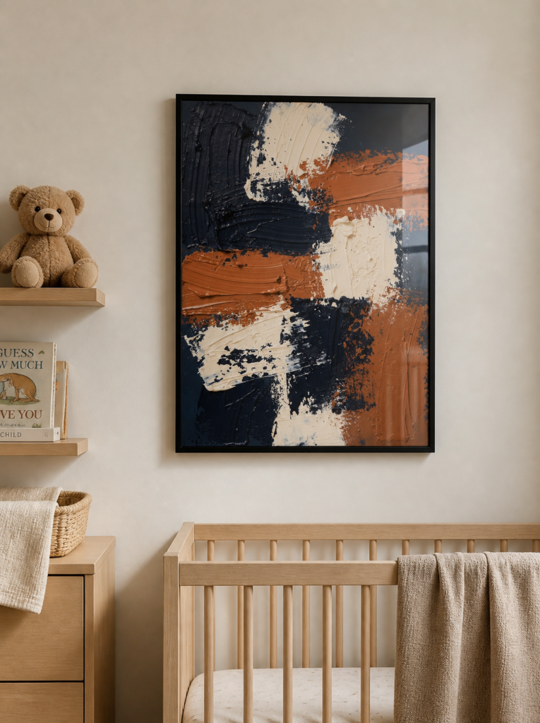 Navy and Cognac Abstract Impasto Painting | Modern Textured Wall Art Print