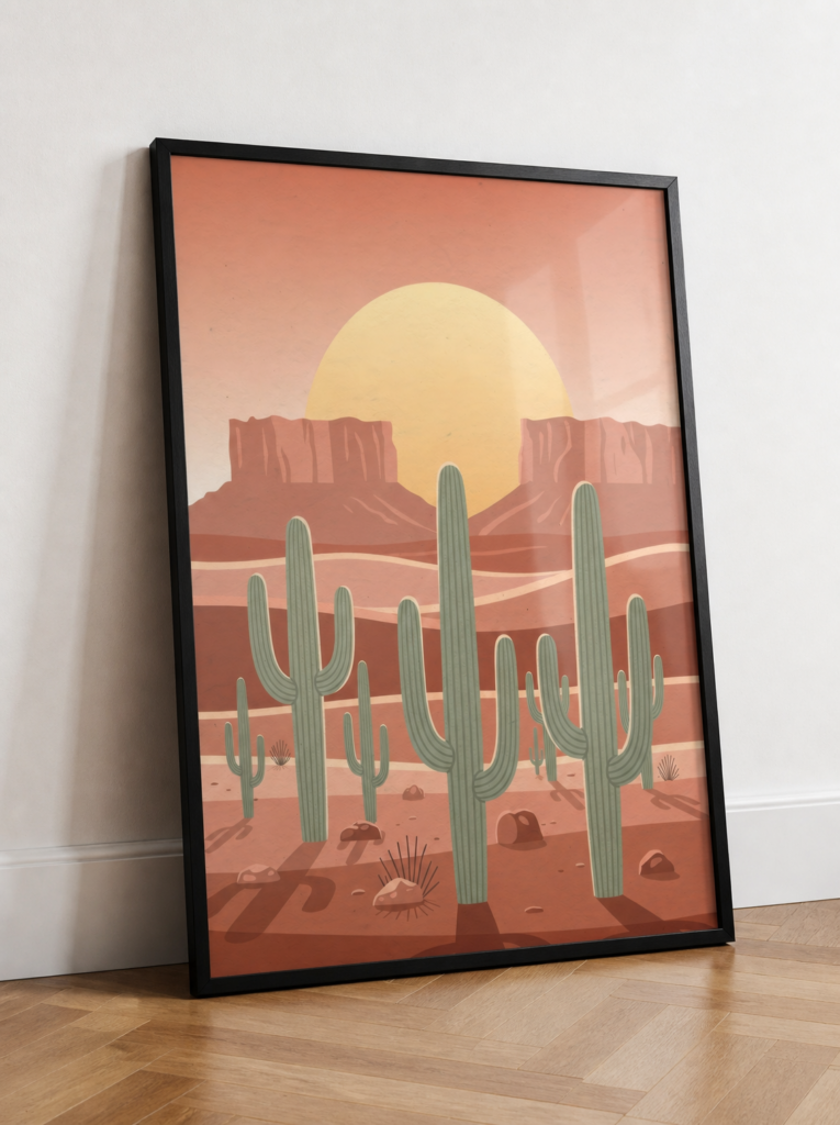 Desert Sunset Saguaro Cactus Wall Art Print - Southwestern Landscape Illustration