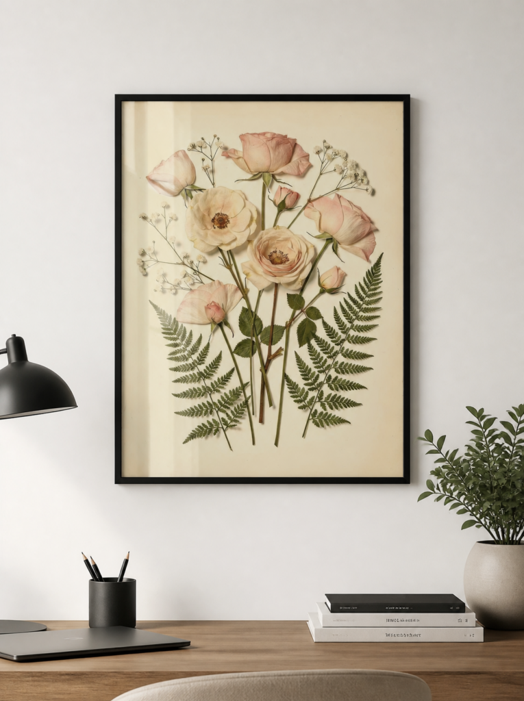 Vintage Pressed Flower Botanical Art Print - Pink Roses and Ferns Herbarium Wall Art