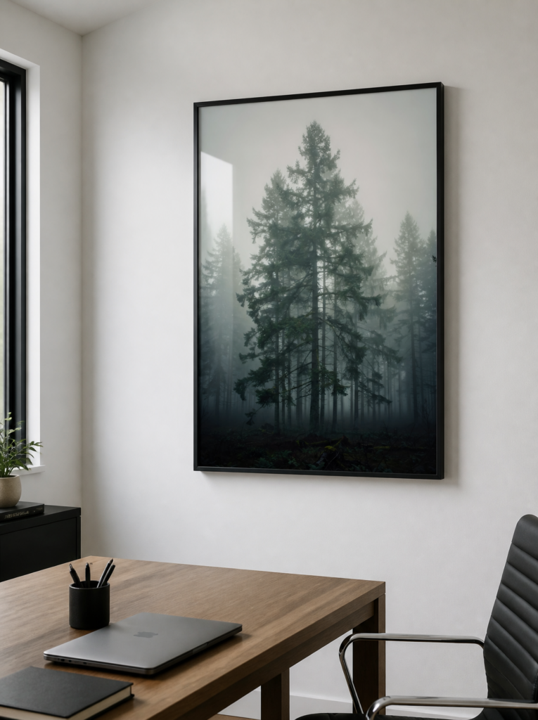 Misty Pine Forest Wall Art Print - Foggy Evergreen Trees Moody Nature Photography