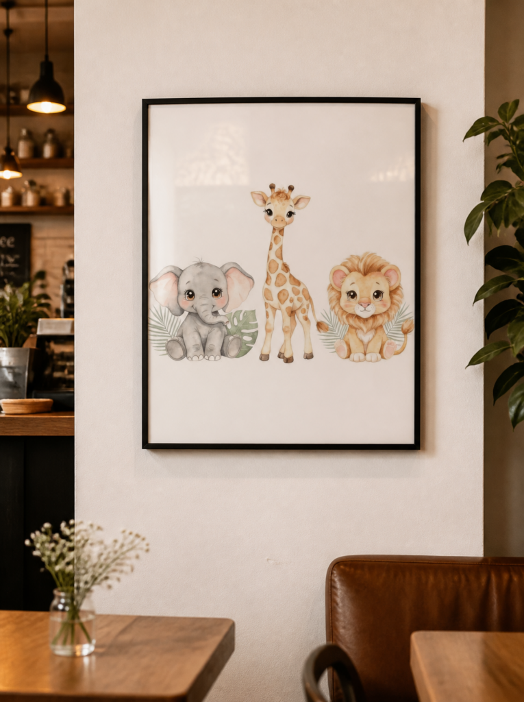 Baby Safari Animals Nursery Wall Art - Watercolor Elephant Giraffe Lion Print