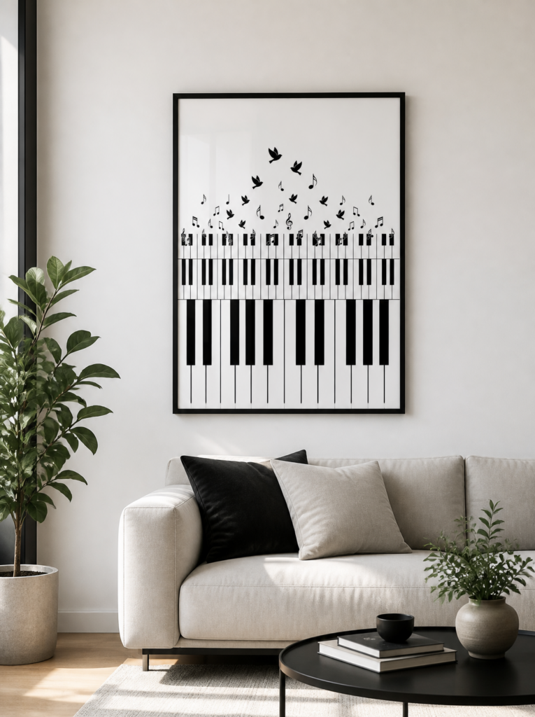 Piano Keys and Birds Wall Art Print - Black and White Music Poster
