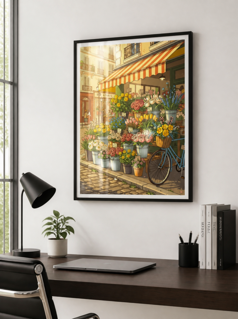 Paris Flower Shop Illustration Wall Art - Vintage French Florist Street Scene Print
