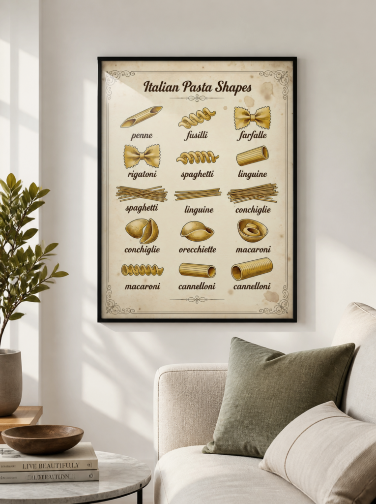 Italian Pasta Shapes Vintage Kitchen Wall Art Print - Pasta Guide Chart Poster