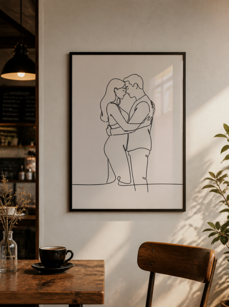 Minimalist Couple Embrace Line Art Print - Romantic Wall Art Poster