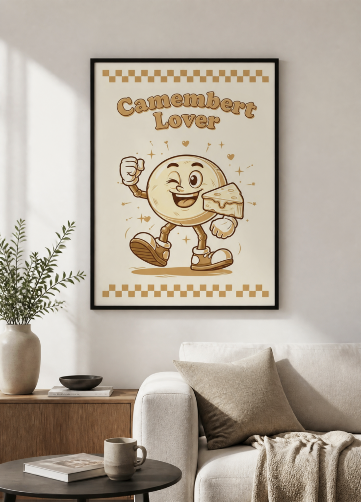 Camembert Lover Retro Cartoon Cheese Wall Art Poster - Vintage Kitchen Decor