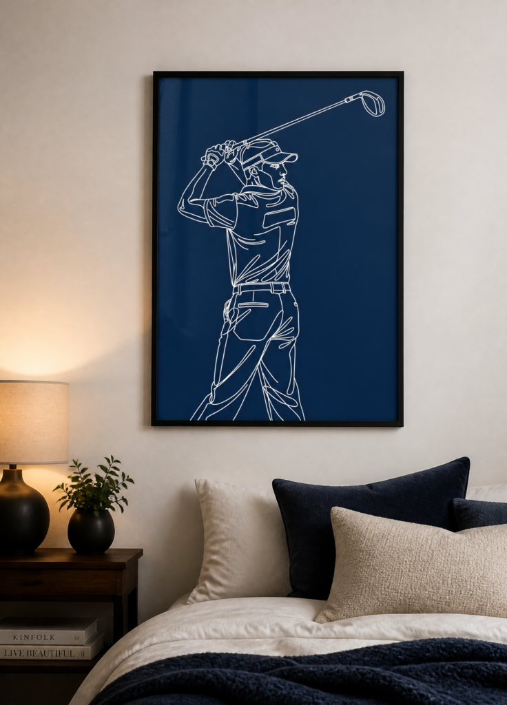 Golfer Line Art Poster - Minimalist Golf Swing Wall Art Navy Blue Print
