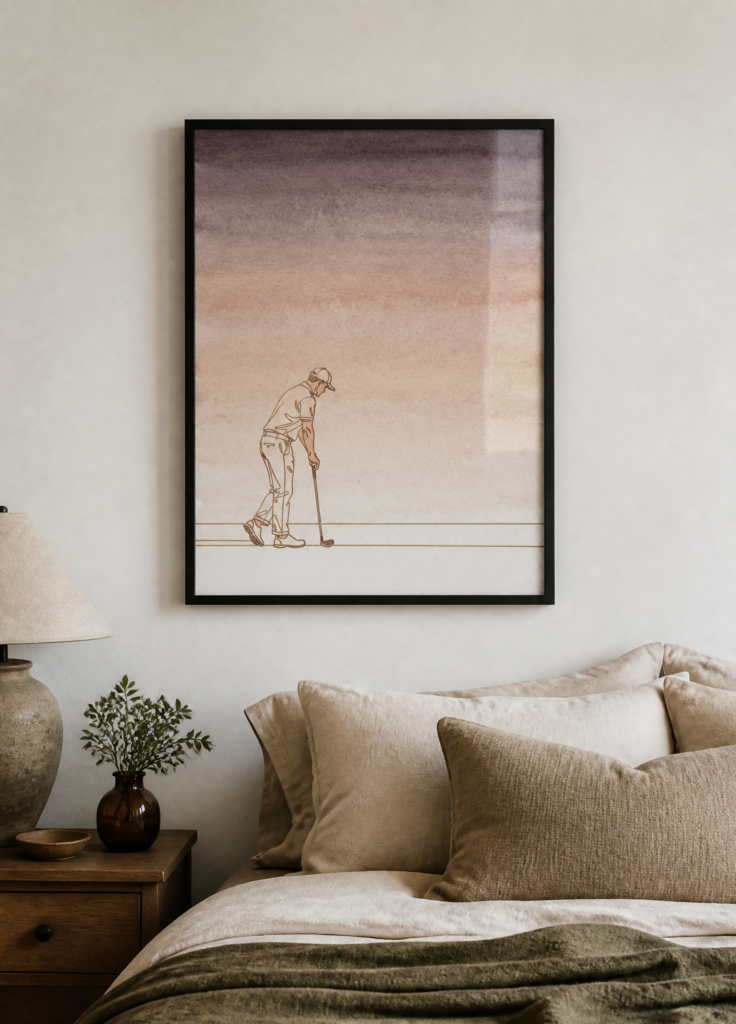Minimalist Golfer Line Art Watercolor Wall Art Print